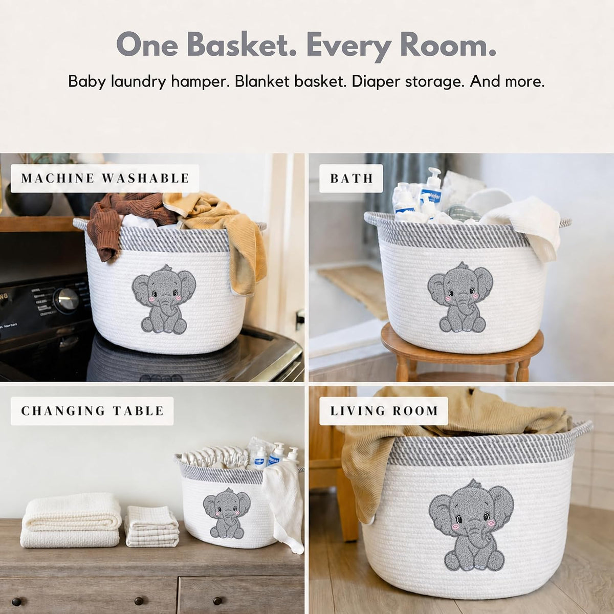 Elephant Baby Storage Basket, Woven Cotton Rope Nursery Bin, 15X11 in | Stuffed Animal and Blanket Storage, Soft Felt Elephant Patch, Neutral Baby Room Decor, Baby Shower, Kids Playroom Organizer