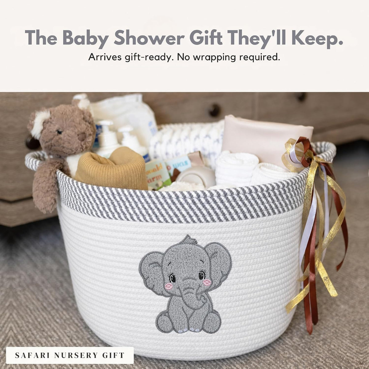 Elephant Baby Storage Basket, Woven Cotton Rope Nursery Bin, 15X11 in | Stuffed Animal and Blanket Storage, Soft Felt Elephant Patch, Neutral Baby Room Decor, Baby Shower, Kids Playroom Organizer