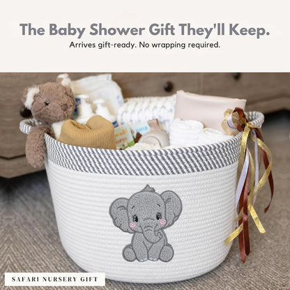 Elephant Baby Storage Basket, Woven Cotton Rope Nursery Bin, 15X11 in | Stuffed Animal and Blanket Storage, Soft Felt Elephant Patch, Neutral Baby Room Decor, Baby Shower, Kids Playroom Organizer