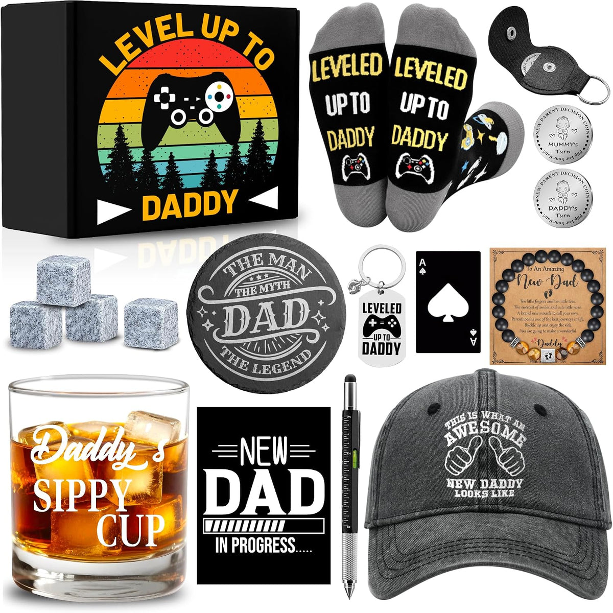 15 Pcs New Dad Gifts, Unique Dad Gift with 11 Oz Daddy'S Sippy Cup Whiskey Glass 4 Whiskey Stones Coaster Hat Sock Bracelet Decision Coin Keychain, Father'S Day Christmas Gift for New Daddy, Husband