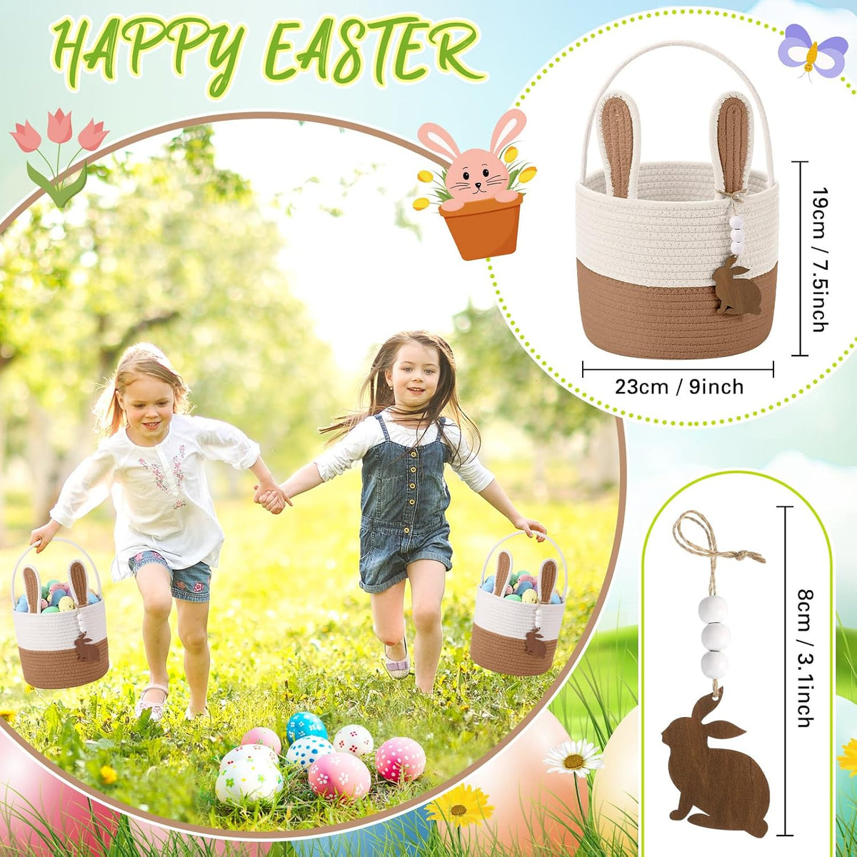 Easter Basket for Kids, Easter Bunny Basket with Name Tag Detachable Rabbit Ear Rustic Woven Gift for Girl Boy Baby Spring Party Decoration Supplies(Linen Yellow,9" X 7.5")