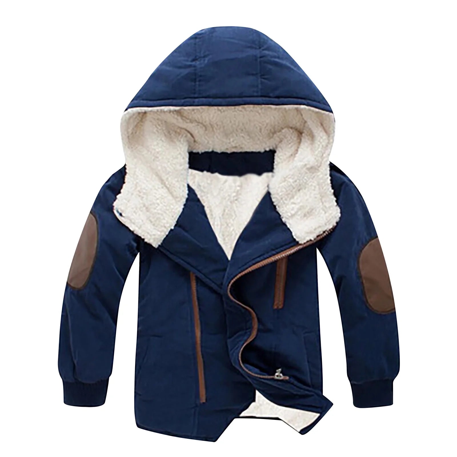 Boys Cotton-Padded with Thick Fleece Hooded Mid-Length Cotton Jacket
