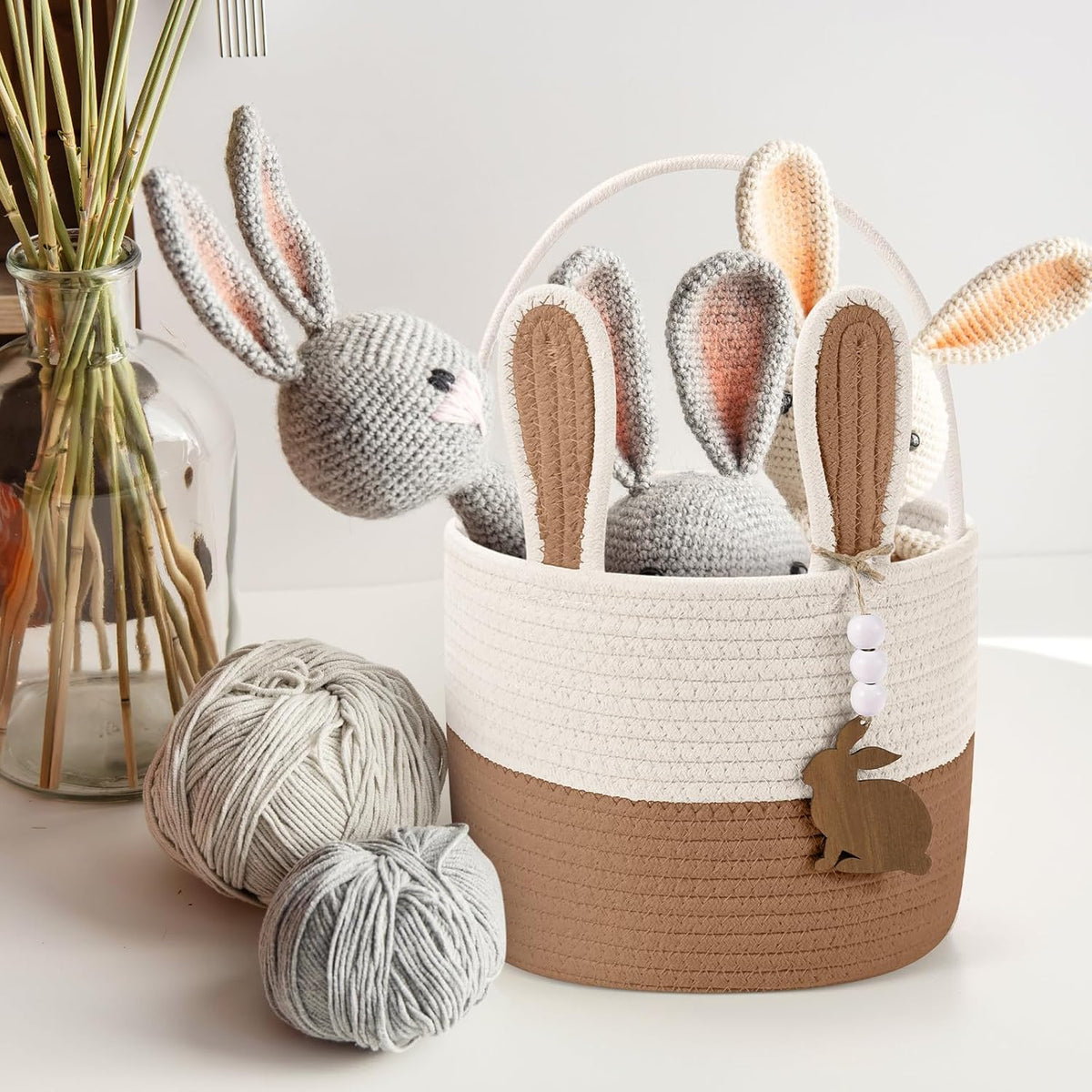 Easter Basket for Kids, Easter Bunny Basket with Name Tag Detachable Rabbit Ear Rustic Woven Gift for Girl Boy Baby Spring Party Decoration Supplies(Linen Yellow,9" X 7.5")