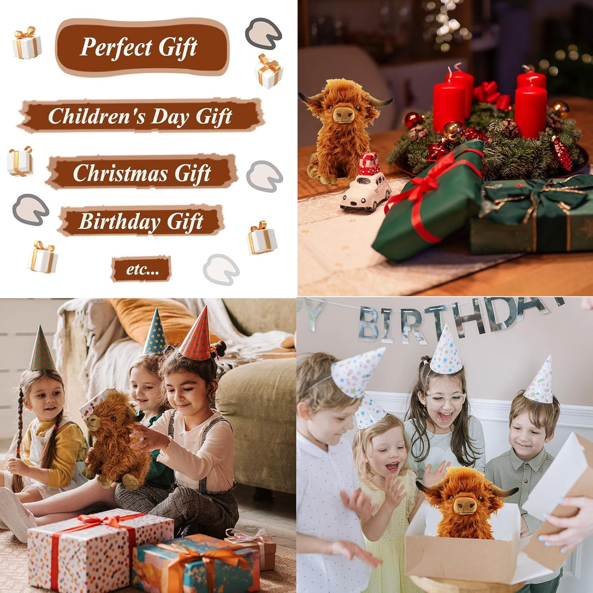 Stuffed Animals Highland Cows Stuff Fluffy Cattle Dolls Skeleton Toys Figure Pillows Valentina Birthday Gifts for Baby Kids Girls Boys Toddler Preschool Realistic Plush Décor (11 Inches,Brown)