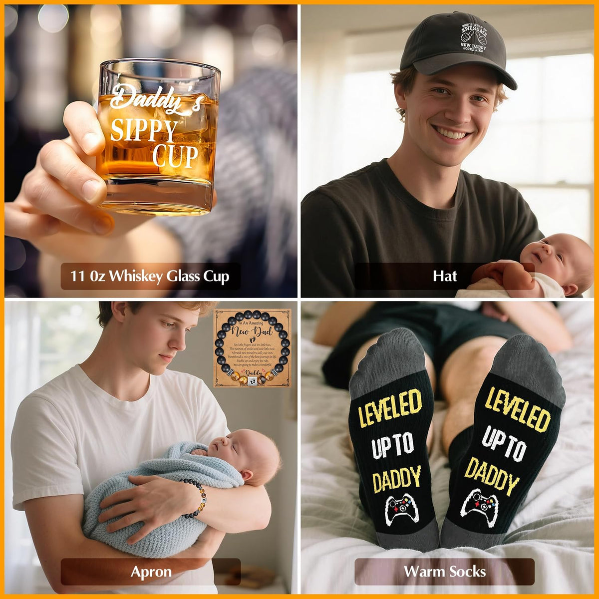 15 Pcs New Dad Gifts, Unique Dad Gift with 11 Oz Daddy'S Sippy Cup Whiskey Glass 4 Whiskey Stones Coaster Hat Sock Bracelet Decision Coin Keychain, Father'S Day Christmas Gift for New Daddy, Husband