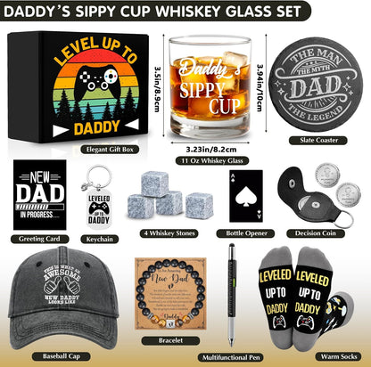15 Pcs New Dad Gifts, Unique Dad Gift with 11 Oz Daddy'S Sippy Cup Whiskey Glass 4 Whiskey Stones Coaster Hat Sock Bracelet Decision Coin Keychain, Father'S Day Christmas Gift for New Daddy, Husband