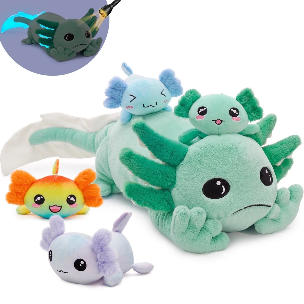 31.89" Giant Glow in the Dark Axolotl Stuffed Animals with 4 Babies inside Large Axolotl Plush Toy