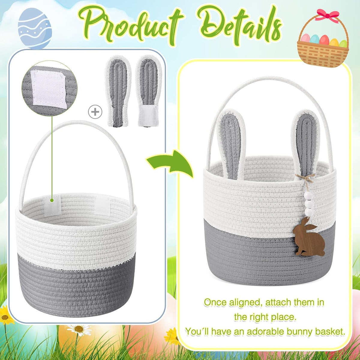 Easter Basket for Kids, Easter Bunny Basket with Name Tag Detachable Rabbit Ear Rustic Woven Gift for Girl Boy Baby Spring Party Decoration Supplies(Gray,9" X 7.5")