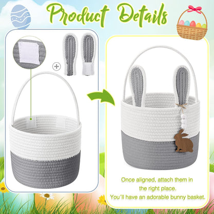 Easter Basket for Kids, Easter Bunny Basket with Name Tag Detachable Rabbit Ear Rustic Woven Gift for Girl Boy Baby Spring Party Decoration Supplies(Gray,9" X 7.5")