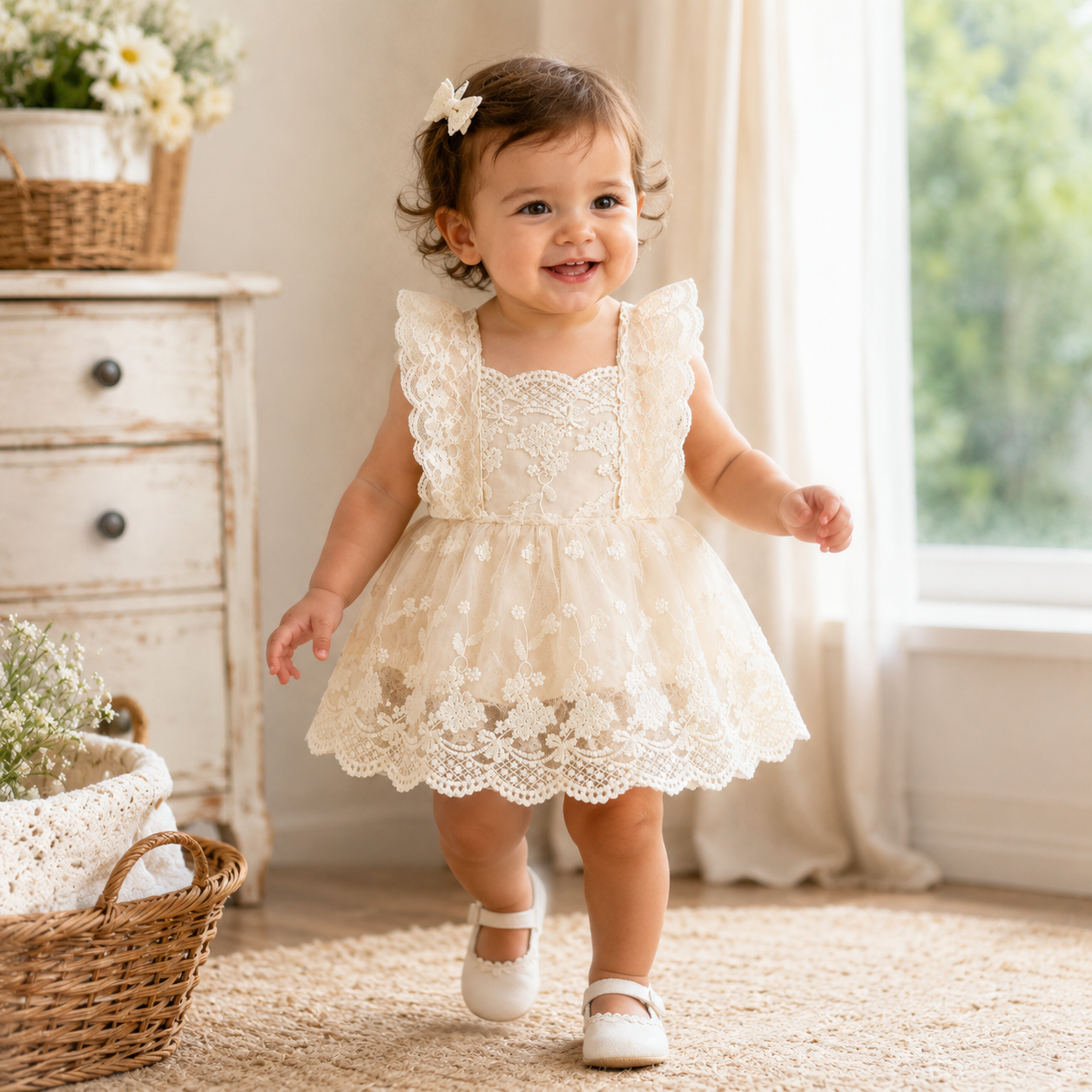 Lioraitiin Lace Blossom: Off-Shoulder Floral Bodysuit for Baby Girls 0–24M