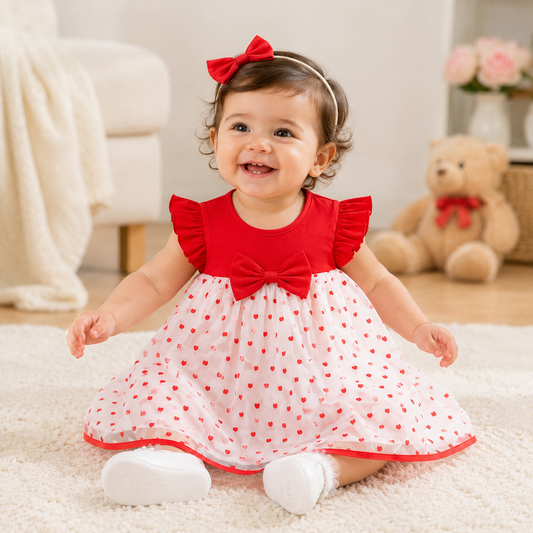 HeartGlow – Red Mesh Tutu Dress with Embroidered Hearts & Bow for Baby Girls