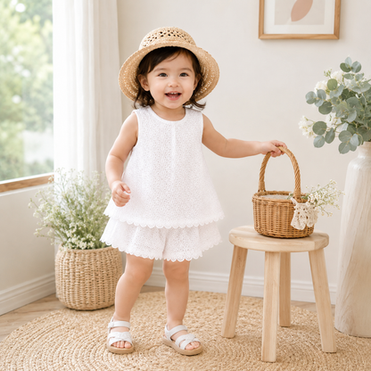 Summer Grace: 2024 Hollow Lace Sleeveless Set for Baby Girls