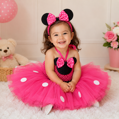Lovely Girls Pink Cartoon Tutu Dress Baby Crochet Tulle Tutus with Dots Bow and Headband Set Kids Birthday Party Costume Dresses