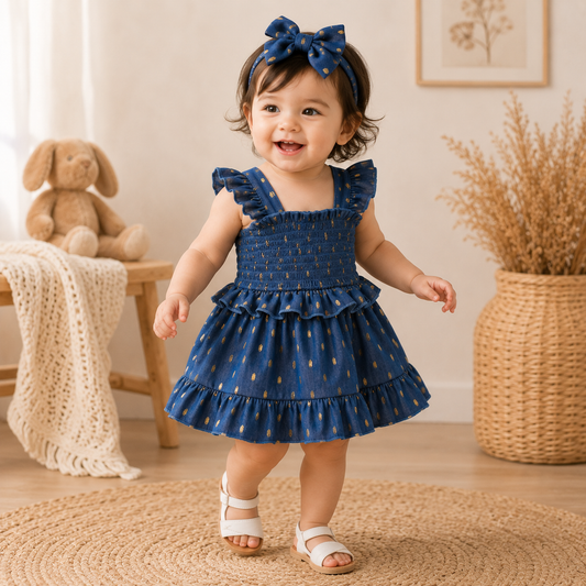 Golden Bloom – Baby Girl Blue Slip Dress with Gold Dots and Matching Headband Set