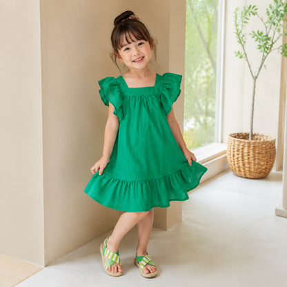 BreezeBloom – Ruffled Flying Sleeve A-Line Dress with Back Bow