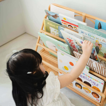 Elena Montessori Bookshelf for Kids — Rattan & Wood Display Shelf in Natural or White