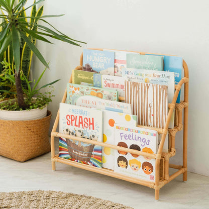 Elena Montessori Bookshelf for Kids — Rattan & Wood Display Shelf in Natural or White