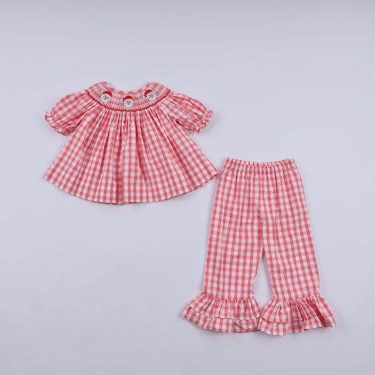 Christmas Santa Hand Smocked Plaid Ruffle Pants Set