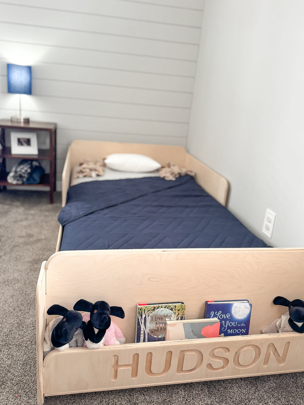 Montessori Floor Bed for Toddlers — Solid Wood with Optional Bookshelf or Toy Shelf Front