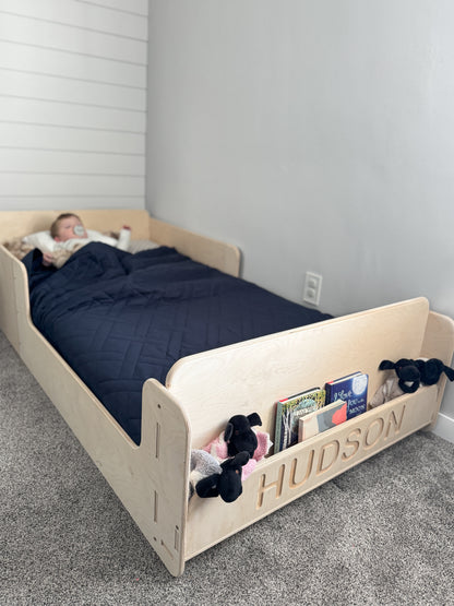 Montessori Floor Bed for Toddlers — Solid Wood with Optional Bookshelf or Toy Shelf Front