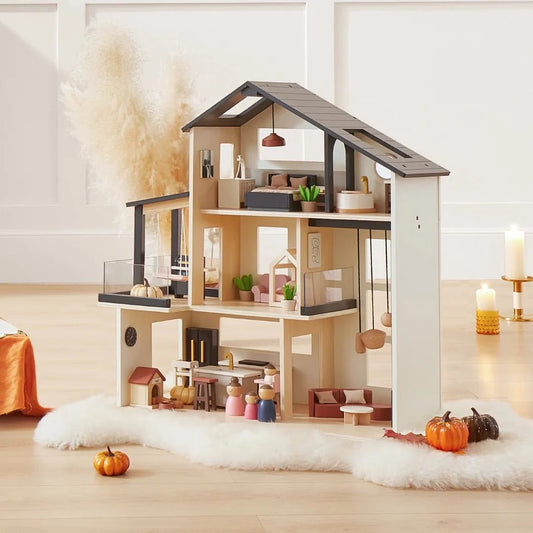 Tiny Land Sweetwood Edge Dollhouse — Modern 3-Story Kids Dollhouse with Furniture & Family Figures