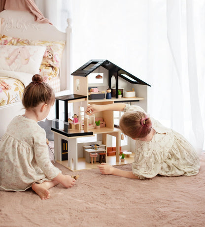 Tiny Land Sweetwood Edge Dollhouse — Modern 3-Story Kids Dollhouse with Furniture & Family Figures
