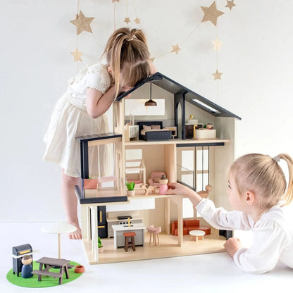 Tiny Land Sweetwood Edge Dollhouse — Modern 3-Story Kids Dollhouse with Furniture & Family Figures