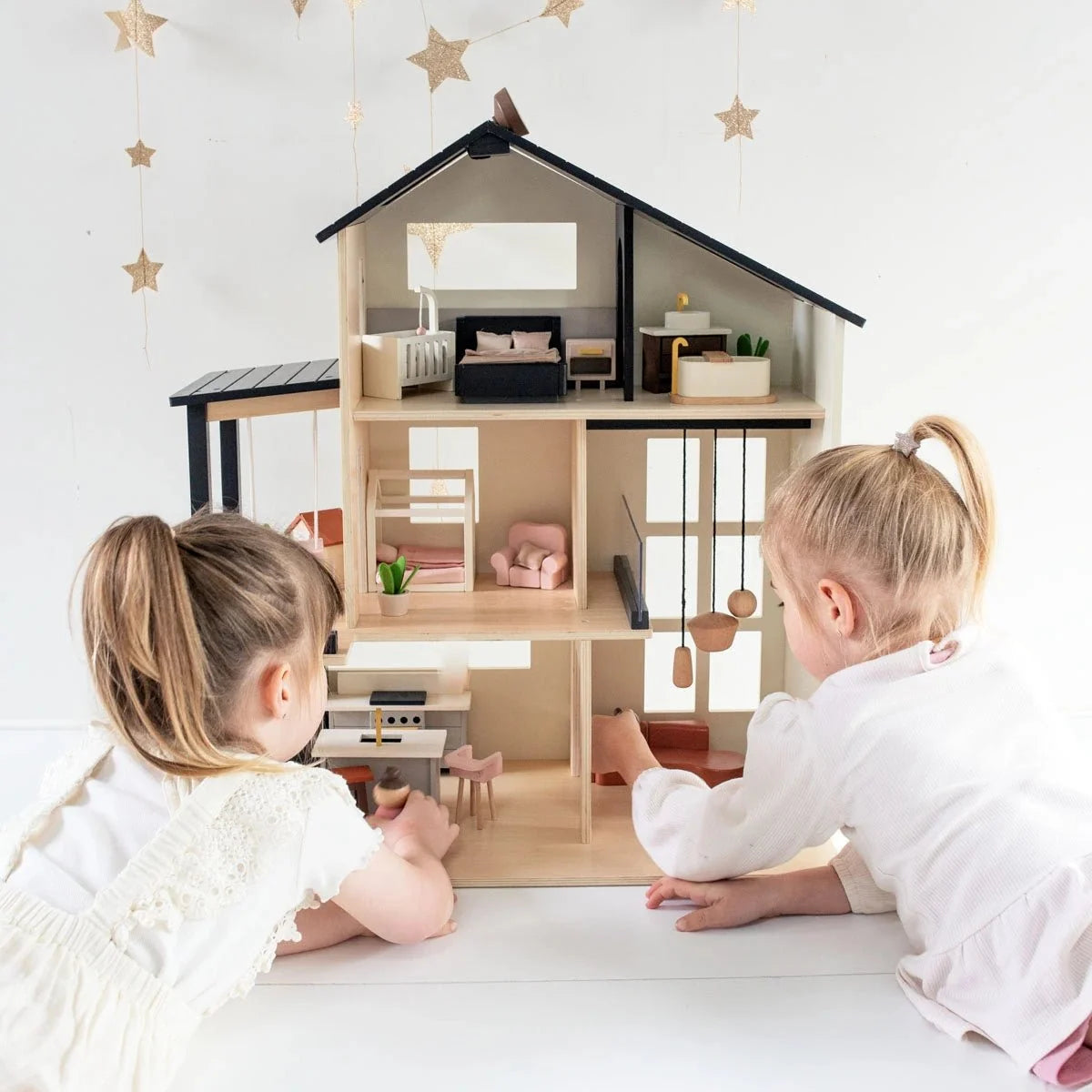 Tiny Land Sweetwood Edge Dollhouse — Modern 3-Story Kids Dollhouse with Furniture & Family Figures