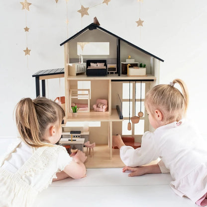 Tiny Land Sweetwood Edge Dollhouse — Modern 3-Story Kids Dollhouse with Furniture & Family Figures