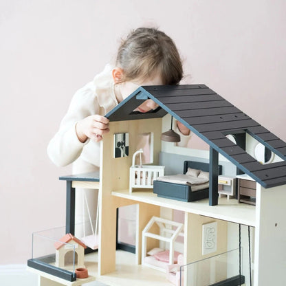 Tiny Land Sweetwood Edge Dollhouse — Modern 3-Story Kids Dollhouse with Furniture & Family Figures