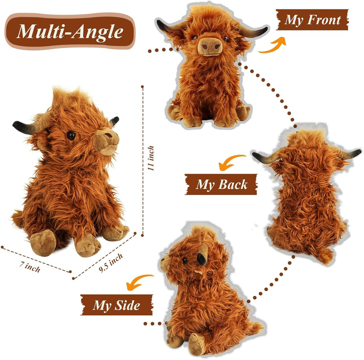 Stuffed Animals Highland Cows Stuff Fluffy Cattle Dolls Skeleton Toys Figure Pillows Valentina Birthday Gifts for Baby Kids Girls Boys Toddler Preschool Realistic Plush Décor (11 Inches,Brown)