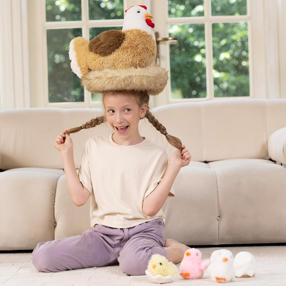 Chicken Stuffed Animal with Chicks, 14" Hen Plush Toy, White