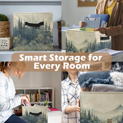 Forest Bear Nursery Storage Bins, Watercolor Forest Animal Collapsible Storage Box Laundry Basket with Handle for Kids Bedroom Bathroom Playroom Nursery Clothes Toys Books