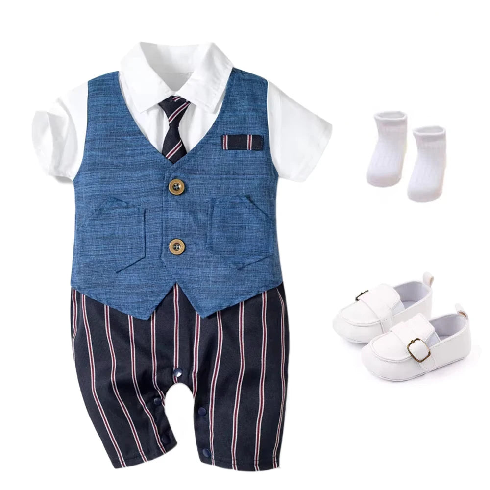 Summer Baby Romper Suit Newborn Boys Formal Clothing Children Hat + Jumpsuit + Shoes + Socks 4 Pieces Outfit Blue Costume