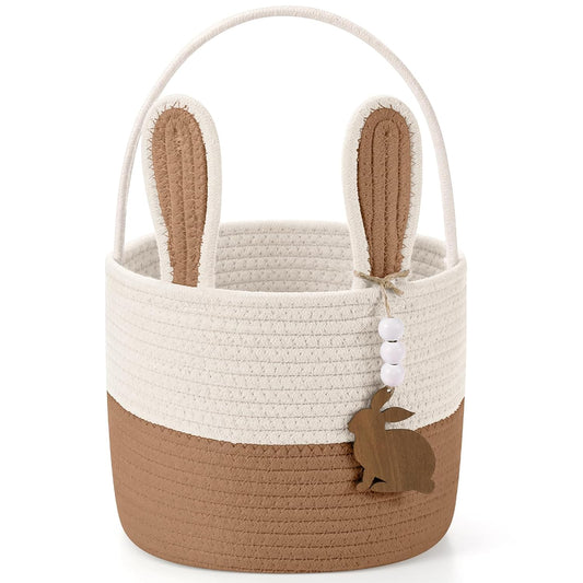 Easter Basket for Kids, Easter Bunny Basket with Name Tag Detachable Rabbit Ear Rustic Woven Gift for Girl Boy Baby Spring Party Decoration Supplies(Linen Yellow,9" X 7.5")
