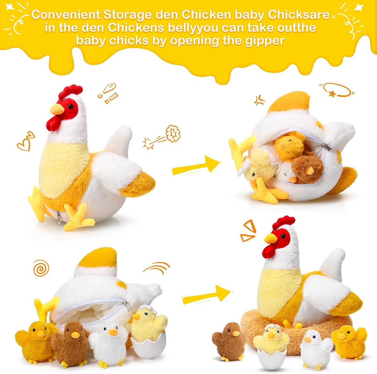 6 Pcs Chicken Stuffed Animal with Baby Chicks Inside, Funny Style