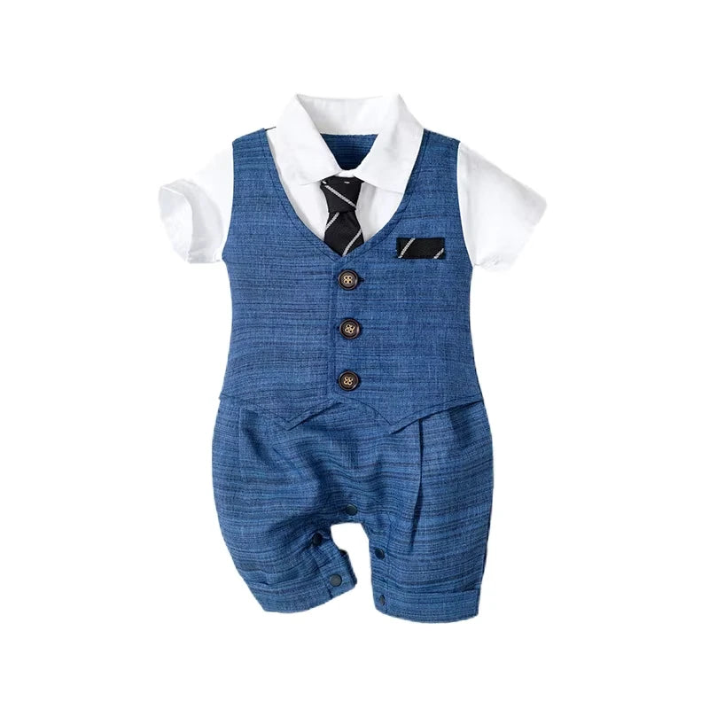 Summer Baby Romper Suit Newborn Boys Formal Clothing Children Hat + Jumpsuit + Shoes + Socks 4 Pieces Outfit Blue Costume