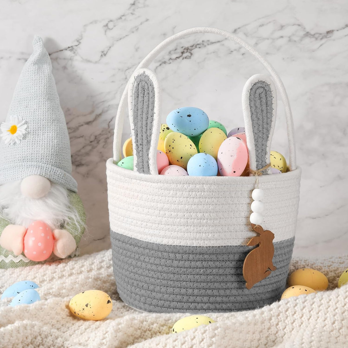 Easter Basket for Kids, Easter Bunny Basket with Name Tag Detachable Rabbit Ear Rustic Woven Gift for Girl Boy Baby Spring Party Decoration Supplies(Gray,9" X 7.5")