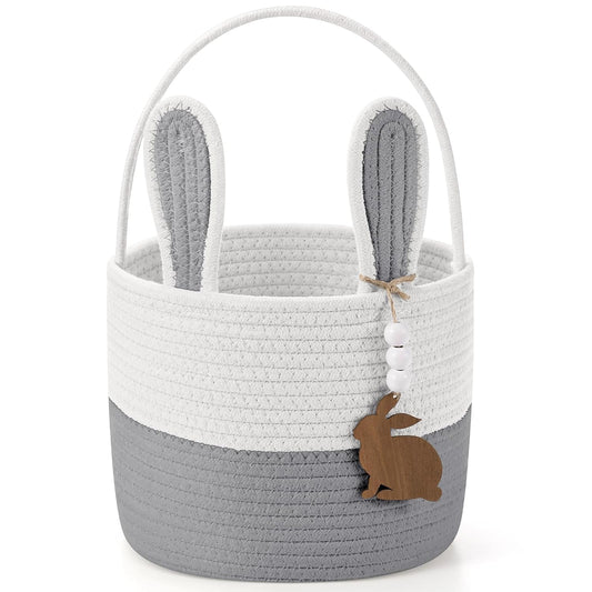 Easter Basket for Kids, Easter Bunny Basket with Name Tag Detachable Rabbit Ear Rustic Woven Gift for Girl Boy Baby Spring Party Decoration Supplies(Gray,9" X 7.5")