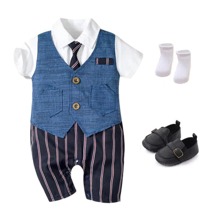 Summer Baby Romper Suit Newborn Boys Formal Clothing Children Hat + Jumpsuit + Shoes + Socks 4 Pieces Outfit Blue Costume
