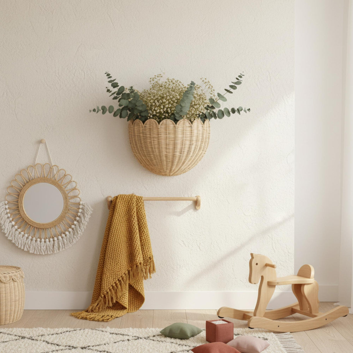 Hand-Woven Rattan Wall Basket, Custom Boho Nursery Storage