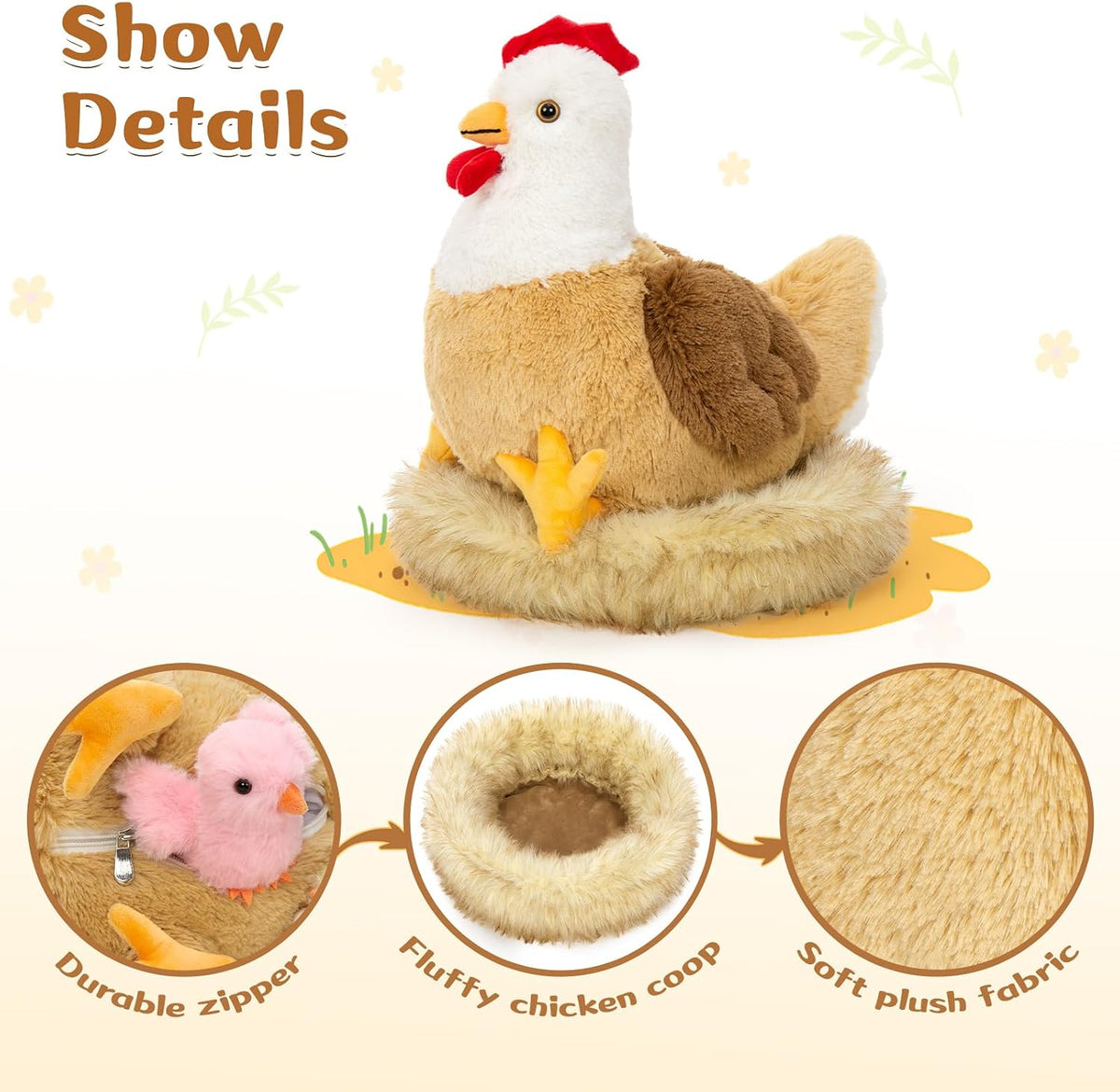Chicken Stuffed Animal with Chicks, 14" Hen Plush Toy, White