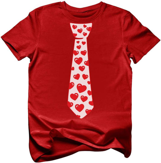 Kids Valentine Tie Shirt with Red Hearts Funny Valentine Tee for Toddlers and Youth Boys & Girls