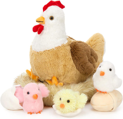 Chicken Stuffed Animal with Chicks, 14" Hen Plush Toy, White