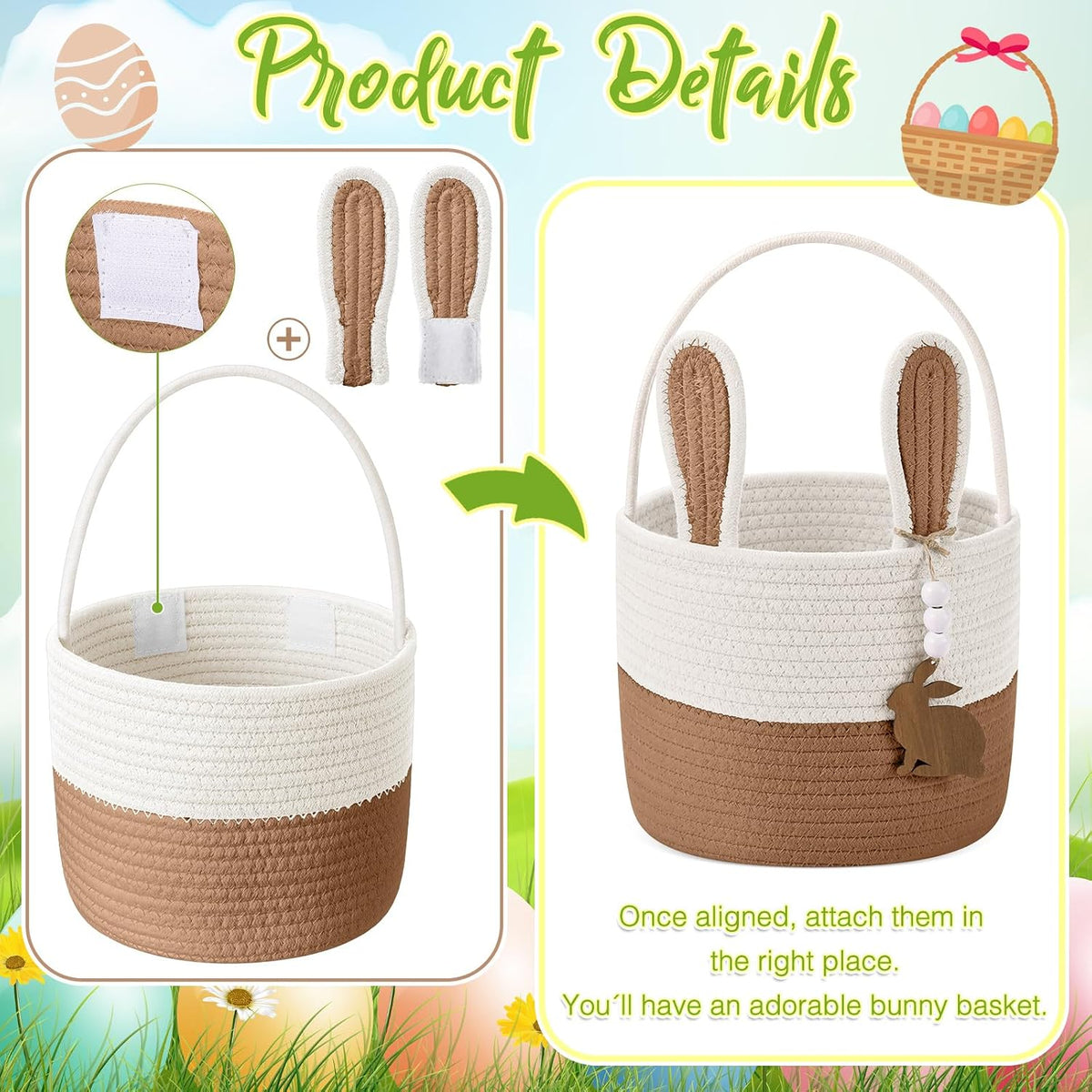 Easter Basket for Kids, Easter Bunny Basket with Name Tag Detachable Rabbit Ear Rustic Woven Gift for Girl Boy Baby Spring Party Decoration Supplies(Linen Yellow,9" X 7.5")