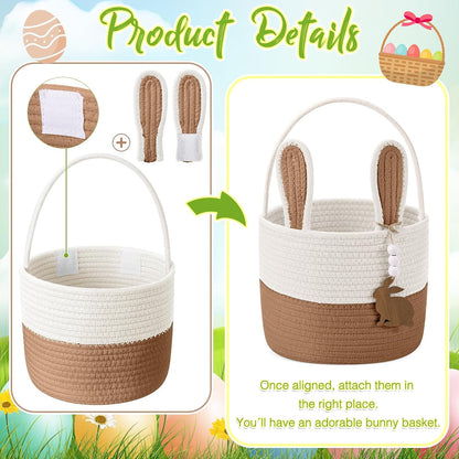 Easter Basket for Kids, Easter Bunny Basket with Name Tag Detachable Rabbit Ear Rustic Woven Gift for Girl Boy Baby Spring Party Decoration Supplies(Linen Yellow,9" X 7.5")