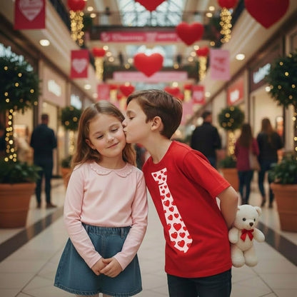 Kids Valentine Tie Shirt with Red Hearts Funny Valentine Tee for Toddlers and Youth Boys & Girls
