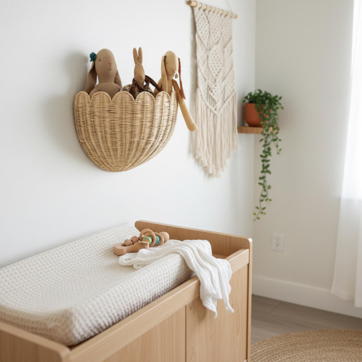 Hand-Woven Rattan Wall Basket, Custom Boho Nursery Storage