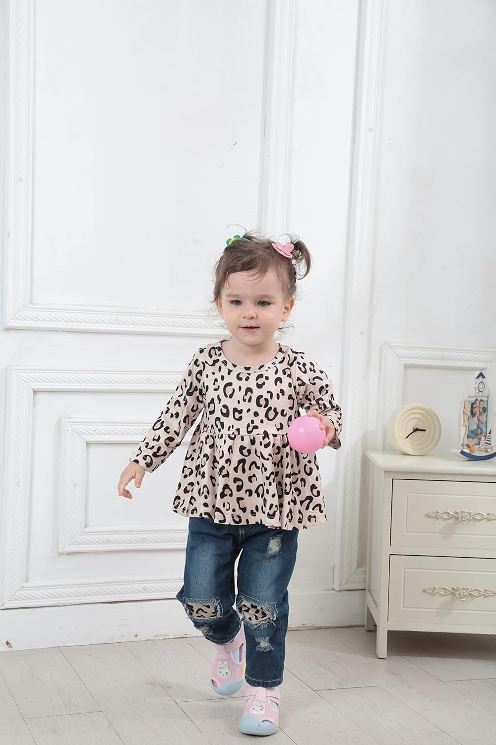 Baby Girl Clothes 12 18 24 Months Outfits for Infant Toddler Denim Girls' Clothing Ruffle Top Ripped Jeans Pant Sets | Baby Girl Christmas Outfit with Headband,Long Sleeve Bow Tops Pants Little Girls Clothing Sets,Cute Gifts Clothes for Holiday
