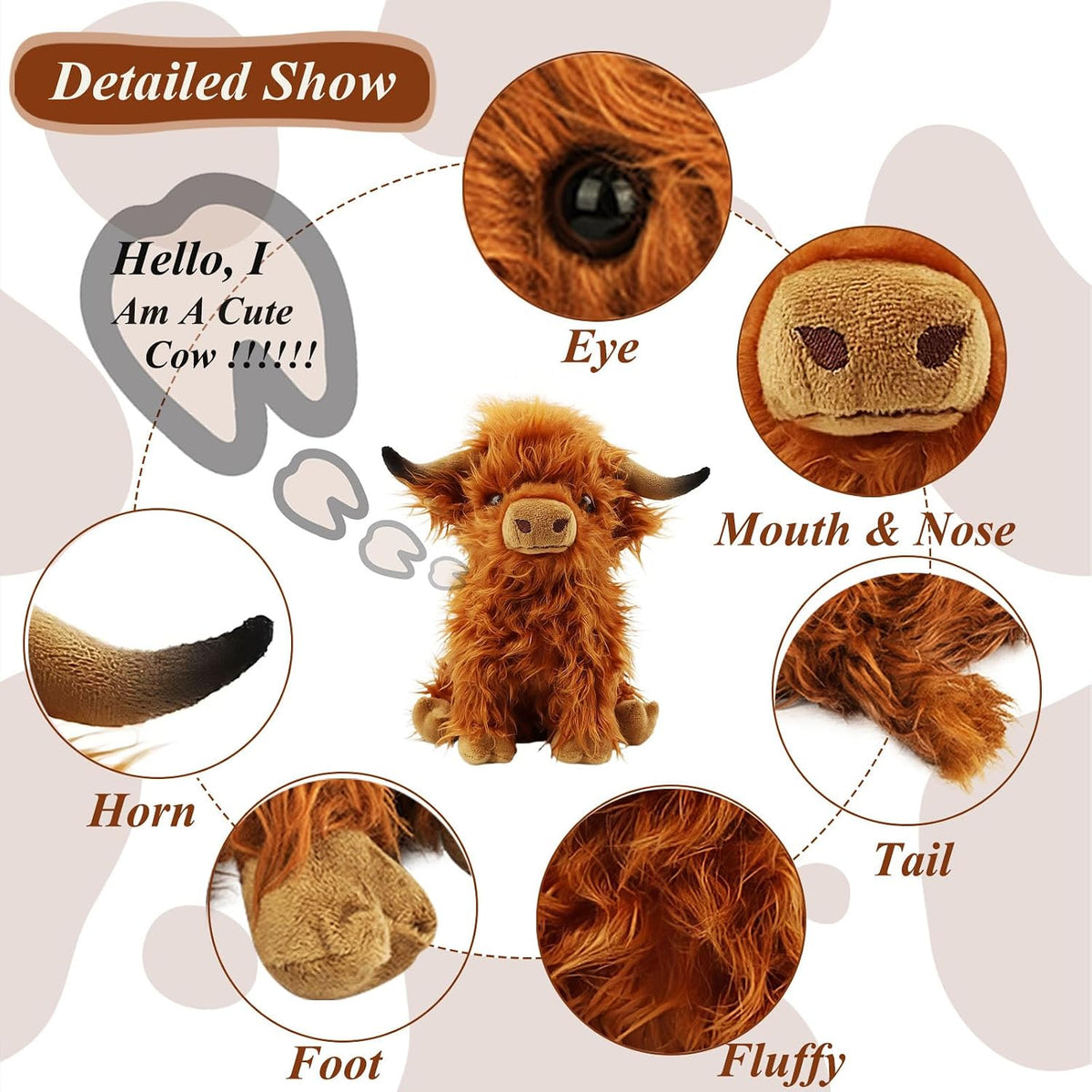 Stuffed Animals Highland Cows Stuff Fluffy Cattle Dolls Skeleton Toys Figure Pillows Valentina Birthday Gifts for Baby Kids Girls Boys Toddler Preschool Realistic Plush Décor (11 Inches,Brown)